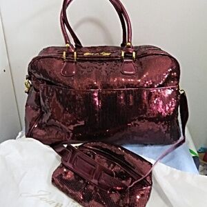 RETAIL $199 LIKE NEW Joan Boyce Sequin Weekend Bag with Makeup bag and Dust Bag